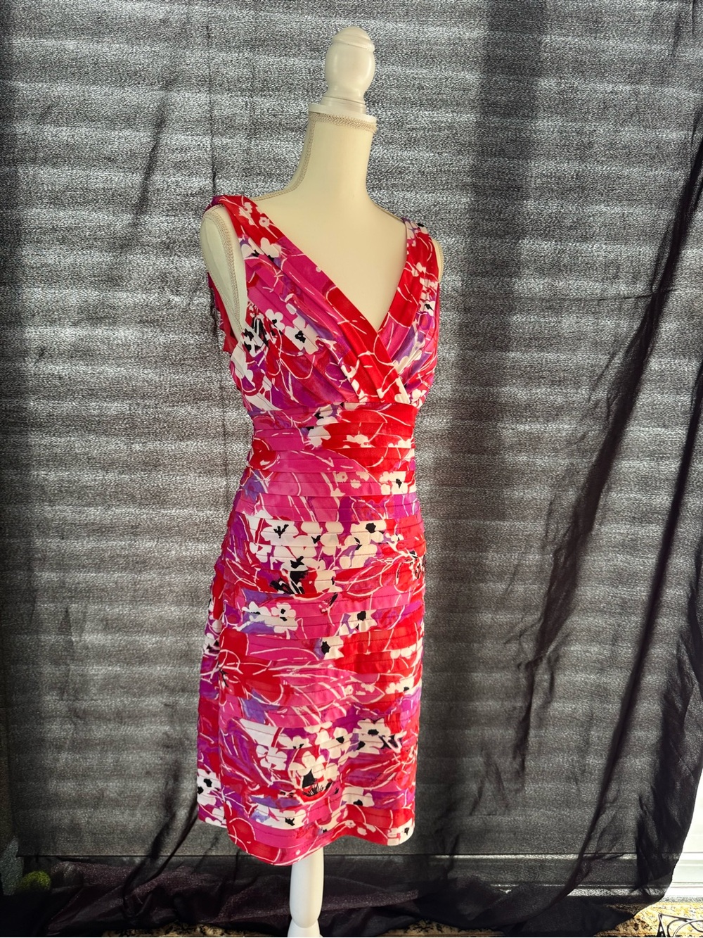 London Times V-Neck Floral Midi Dress in Pink & Red